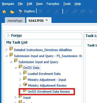 Selected OnSIS enrolment data review tab in task list under OnSIS data
